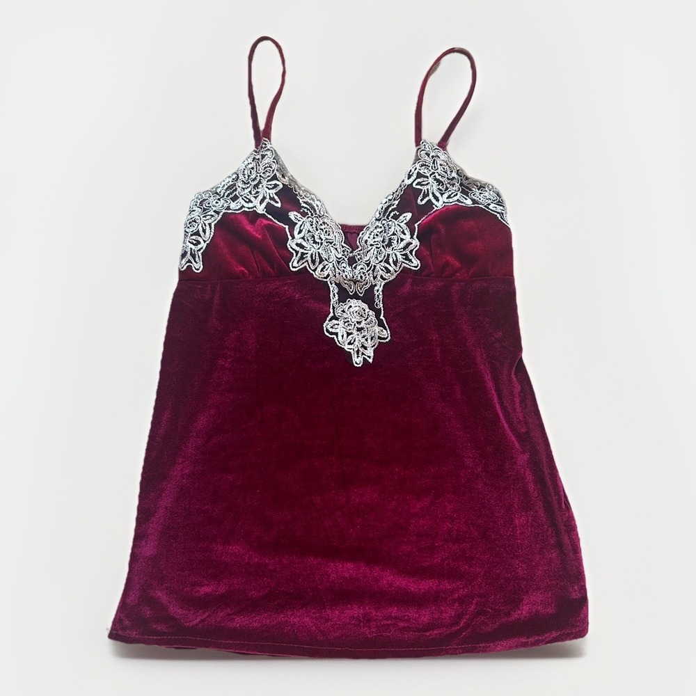 VTG Velvet Lace Y2K Tank Top Lace Romantic L Cami Top Fairycore Victorian Red